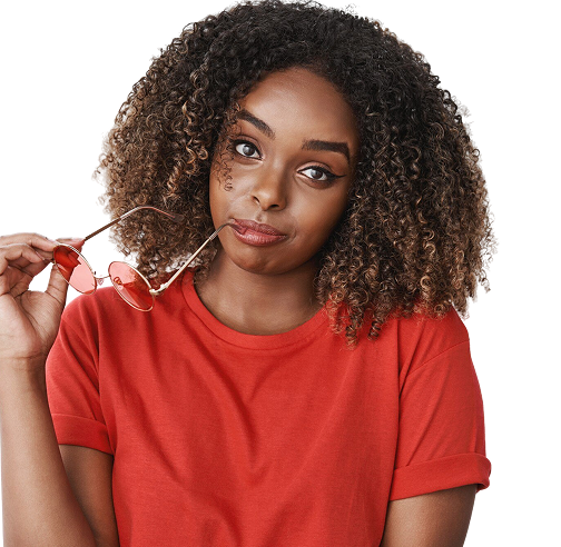 close-up-shot-woman-waiting-boyfriend-tilting-head-biting-rim-glasses-looking-silly-casual-front-wearing-red-bright-t-shirt-posing-doubtful-with-raised-eyebrows-white-wall 2